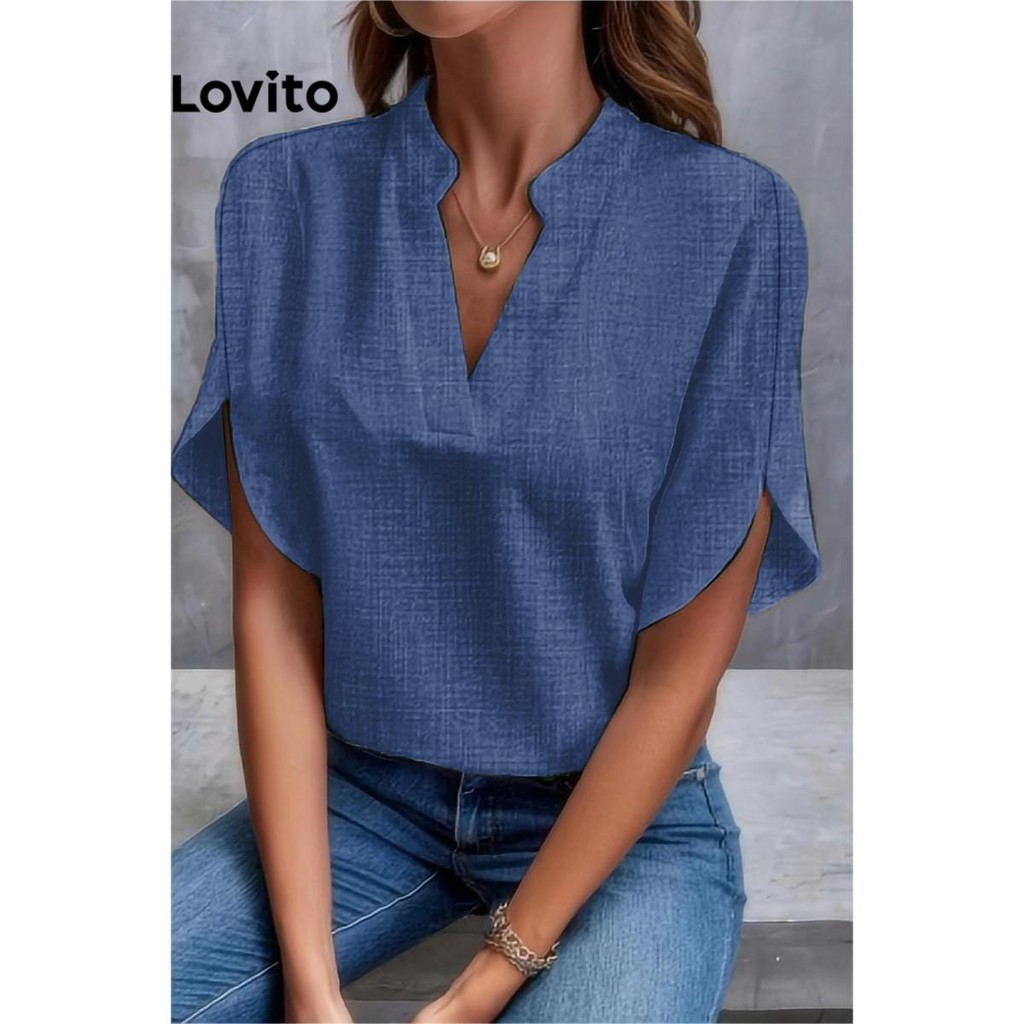 Lovito เสื้อเบลาส์แขนกลีบดอกไม้ธรรมดาสำหรับผู้หญิง LNL69132
