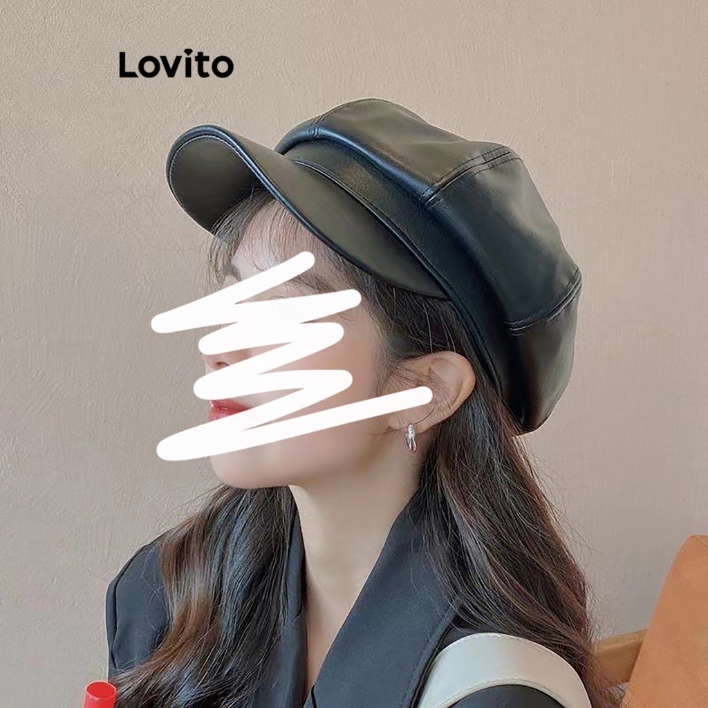 Lovito หมวกผู้หญิง Pu สีพื้น สไตล์วินเทจ LFA08242 (สีดำ)