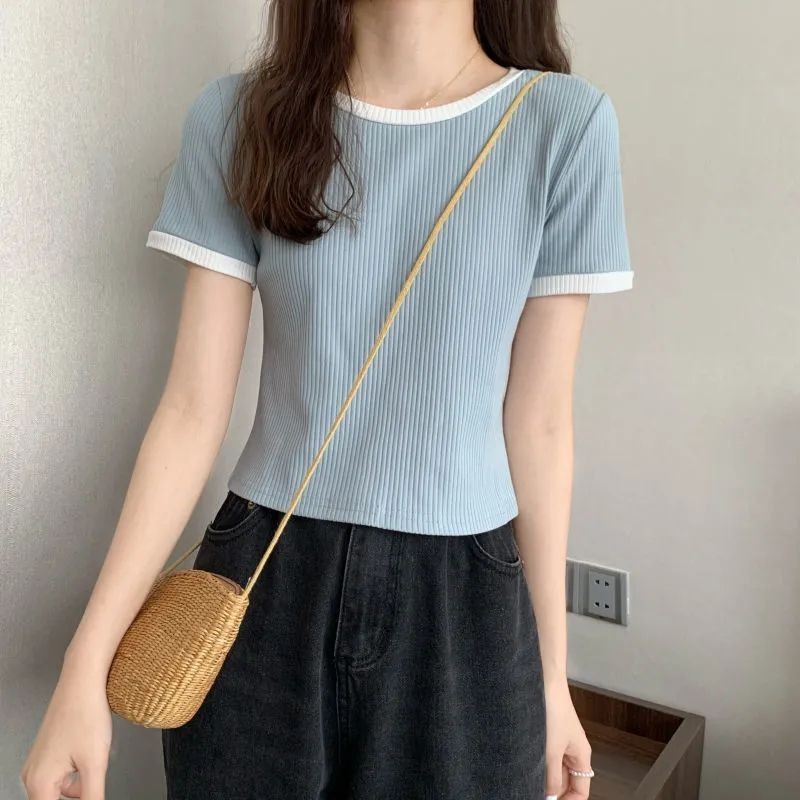 [HY] S-2xl ผ้าไหมน้ําแข็งคอกลมแขนสั้นเสื้อยืดผู้หญิง Slim-Fit แฟชั่น Simple Bottoming เสื้อ Slimmer ดู Contra