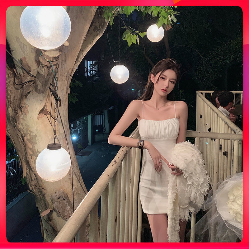 กระโปรงสายเดี่ยวเปิดหลังสีขาวสำหรับผู้หญิงชุดเดรสจีบเซ็กซี่สุดฮอตกระโปรงรัดรูปรัดรูปเข้ารูปรัดสะโพก