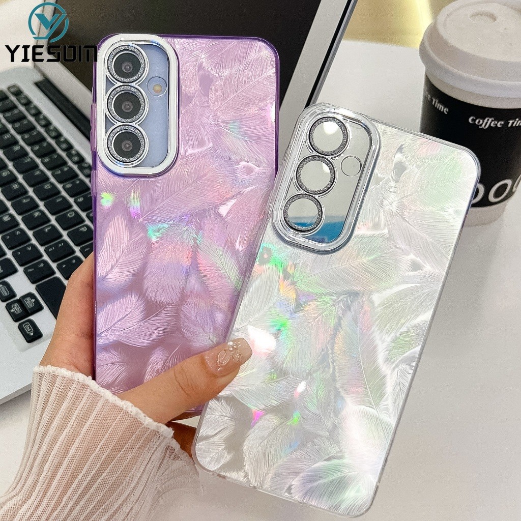หรูหราเลเซอร์ Feather สําหรับ Samsung Galaxy A55 5G A35 5G A25 A15 A54 5G Gradient Rainbow ฝาครอบเลนส์ฟิล์ม