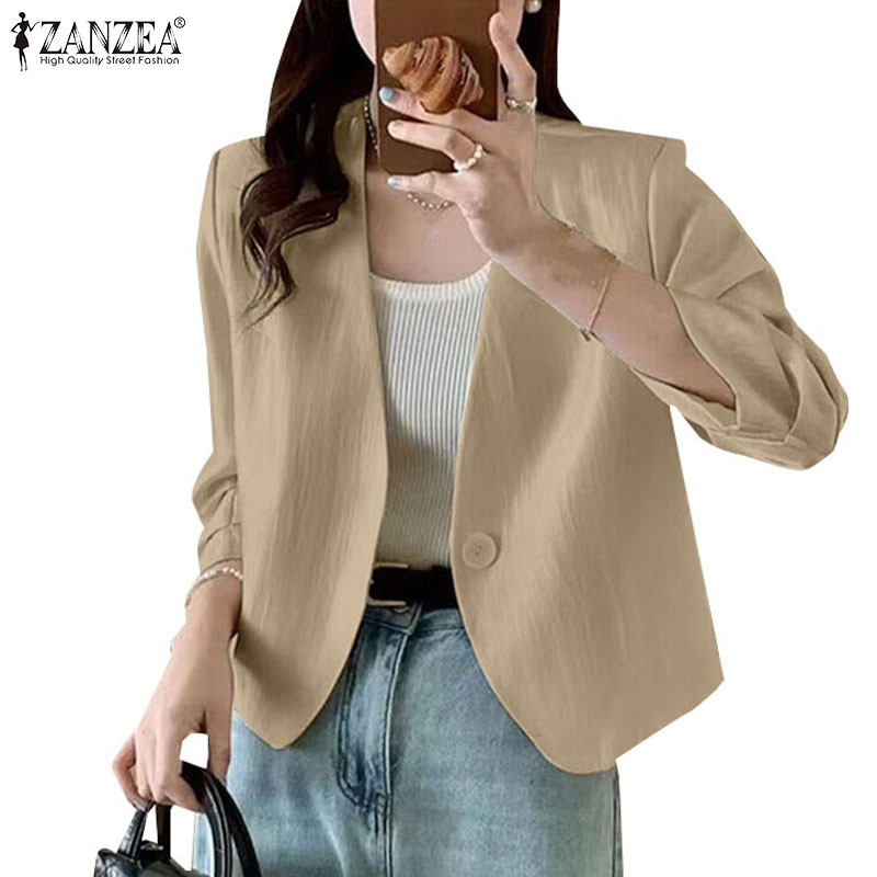 ZANZEA ซานเซีย เสื้อเบลเซอร์สีทึบแขนยาวคอวีลําลองเกาหลีสําหรับผู้หญิง