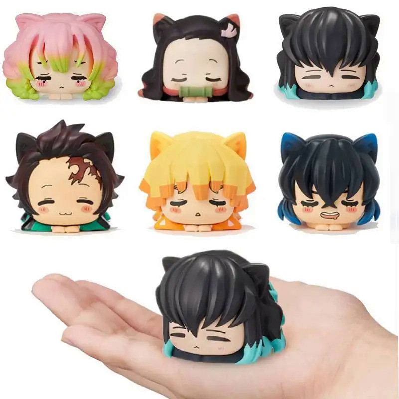 6PCS/Set Anime Demon Slayer Figure Nezuko Tanjirou Zenitsu Inosuke Mini Figurine Kawaii Cat Ear Slee
