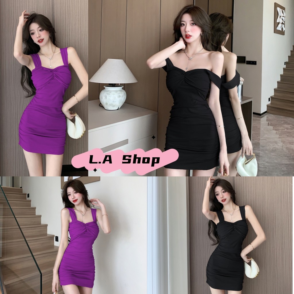 L.A Shop สไตล์ใหม่ ชุดมินิเดรส ไหมพรมสไตล์เกาหลี ทรงรัดตัวสีสดใสดำม่วง ดีเทลหย่นๆ "Q651"