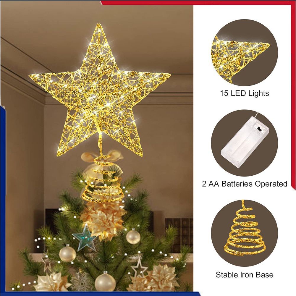 เหล็กglitterต้นคริสต์มาสtopper Starพร้อมไฟลวดทองแดงLED Merry Christmas Tree DecorสําหรับHome Navidadเครื่องประดับ