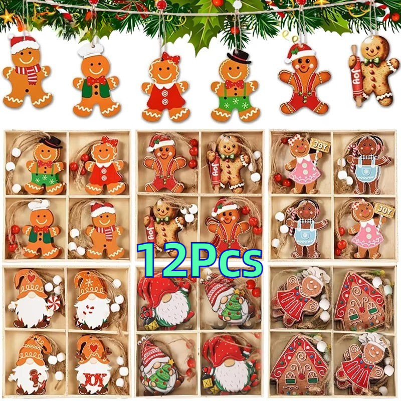 12 ชิ้น/กล่องไม้ Gingerbread Man เครื่องประดับตกแต่ง-คริสต์มาสตกแต่งบ้าน-บ้านต้นคริสต์มาสแขวนจี้