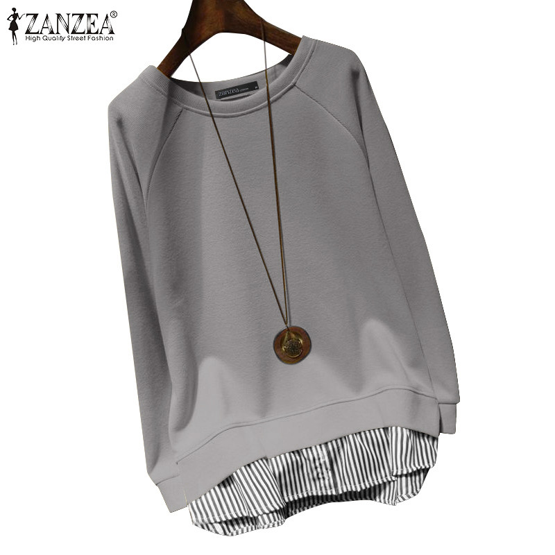 ZANZEA ซานเซีย ผู้หญิงคอกลมแขนยาวลายประกบปลอมสองชิ้นเสื้อสวมหัวเสื้อ