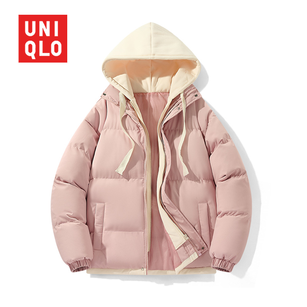 UNIQLO ยูนิโคล่ เสื้อผ้าผ้าฝ้ายผู้หญิงฤดูใบไม้ร่วงและฤดูหนาวแจ็คเก็ตคลุมด้วยผ้าลําลองเท็จสองชิ้นหนาผ้าฝ้ายยอดนิยมคู่สีทึบท็อปส์