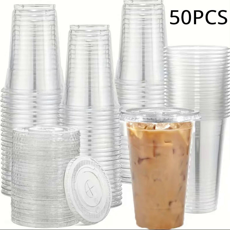 50PCS 16OZ Clear Plastic Cups Flat Lids Disposable Drinking Cups for Party Wedding Drinking Cups Bul