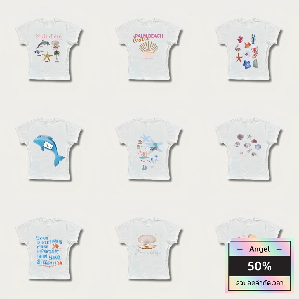 (จัดส่งตลอด 24 ชั่วโมง）Angel Official เสื้อยืดแขนสั้นผู้หญิงลายปลาน่ารักและเปลือกหอยฤดูร้อน สไตล์หลวมสบาย 100% ฝ้ายแท้