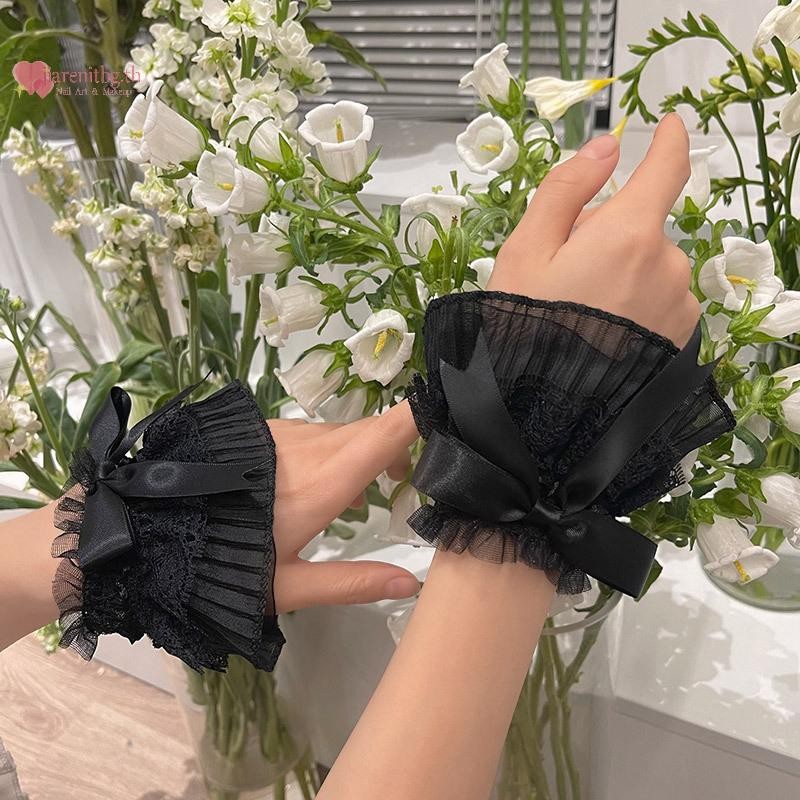 Renbg 1 คู่ที่ถอดออกได้ Cuffs Pearl ลูกไม้ตาข่ายปลอม Flared แขนผู้หญิงจีบ False Cuffs สายรัดข้อมือข้อมืออุ่นเล็บการถ่ายภาพ TH