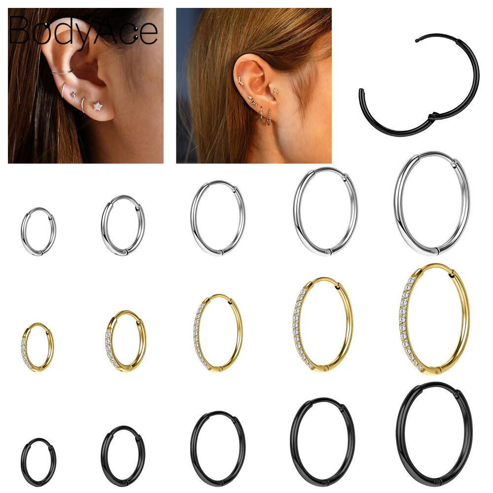 Bodyace ต่างหูห่วงคริสตัล 1 PC 20G ต่างหูต่างหูวงกลมใหญ่ Snug หูเจาะ Lobe รอบต่างหูสแตนเลสเจาะ