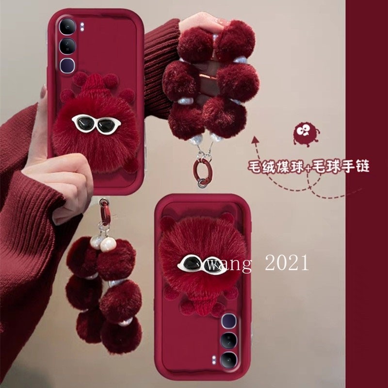 ปลอกใหม่สําหรับ VIVO Y200 Y19s V40 Lite 4G 5G เคสโทรศัพท์มีสไตล์สามมิติตุ๊กตาสีแดงถ่านหินคู่พร้อมตุ๊กตาแฮนด์บอลเลนส์ป้องกันปกหลังนุ่ม