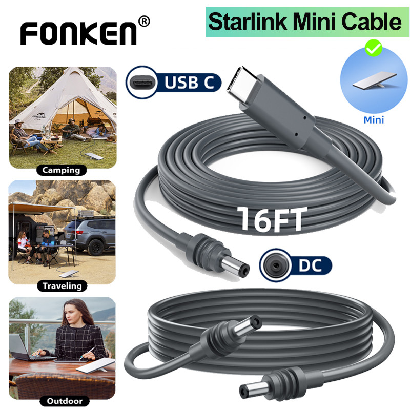Fonken Starlink Mini Cable 6.5/16.4FT Mini Type-C/DC to DC 100W Power Satellite สายชาร์จกันน้ําเปลี่ยน Starlink Mini Cable