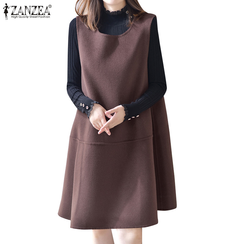 ZANZEA ใส่ ซานเซีย ผู้หญิงเกาหลีลําลองรอบคอแขนกุดไม่มีกระเป๋าหลวม ก-รูปร่าง ชุด