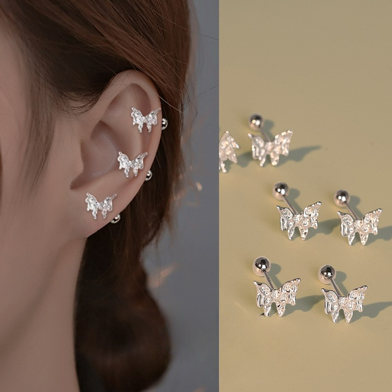S925 เงินสเตอร์ลิงผีเสื้อ Bowknot หูเล็บ Twist สกรู PIercing หู Studs ต่างหู