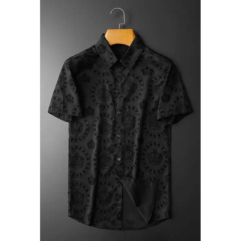 เสื้อแขนสั้นสำหรับผู้ชาย สไตล์หรูหราสีดำ มงกุฎและลายดอกไม้ เหมาะสำหรับงานธุรกิจและสังคมในฤดูร้อน - รูปที่ 4
