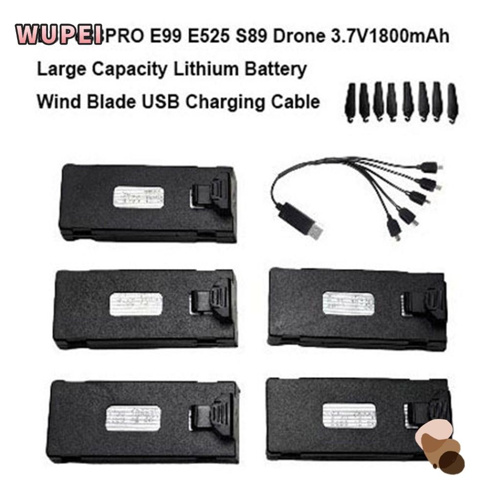 WUPEI ใบมีดลม, 3.7V1800mAh แบตเตอรี่ลิเธียมสากลความจุขนาดใหญ่, สายชาร์จ USB สีดําสําหรับ E88 e88PRO E99 E525 S89 Drone อะไหล่อุปกรณ์เสริม