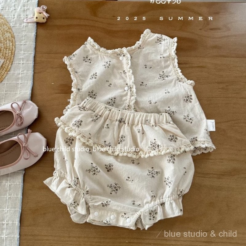 ชุดสูทลายดอกไม้สำหรับเด็กทารก แขนสั้นและกางเกงลูกไม้ ชุดtwo piece. สไตล์เจ้าหญิง สไตล์ใหม่สำหรับฤดูร้อน