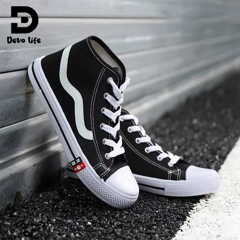 DELI STORE Devo Life - รองเท้านักเรียนหญิงเด็กชายรองเท้าผ้าใบสีดําธรรมดา Unisex 34-43