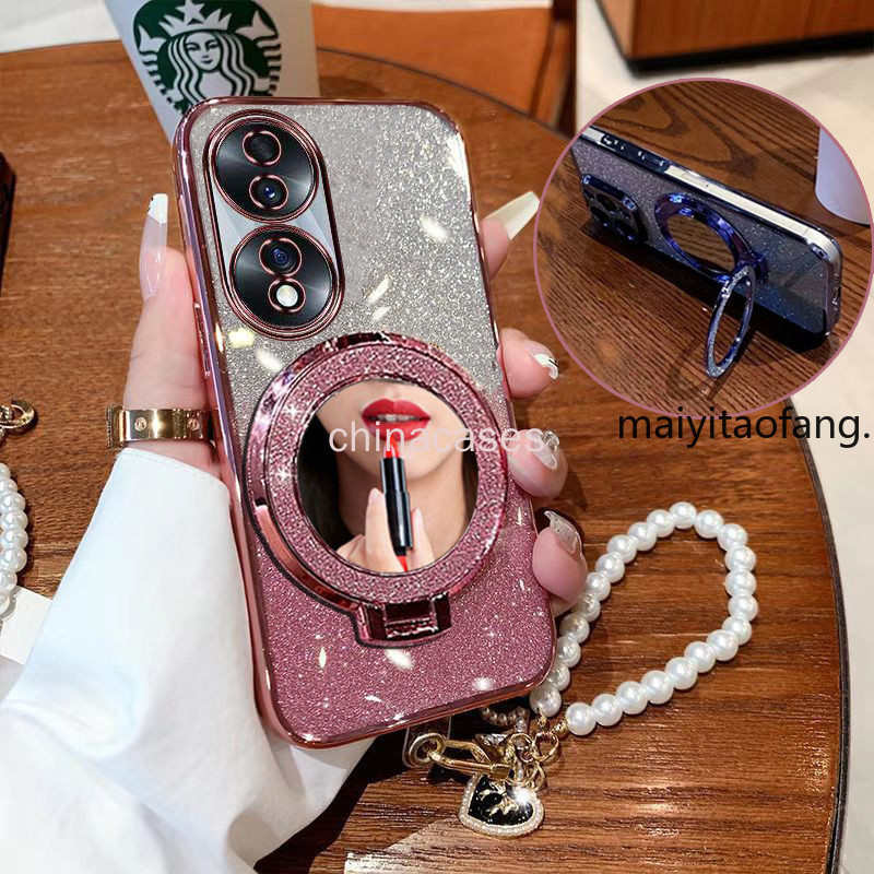 เคสสําหรับ Honor 90 100 200 Pro 200 Lite วงเล็บแม่เหล็กหรูหรา TPU แฟลชกระจกแต่งหน้าแบบนิ่ม + สร้อยข้อมือเคสโทรศัพท์