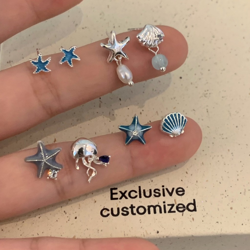 ต่างหูเปลือกหอยปลาดาวไม่สมมาตรเกาหลี สีเงิน สำหรับผู้หญิง เหมาะสำหรับวันหยุดและเป็นของขวัญ - รูปที่ 3