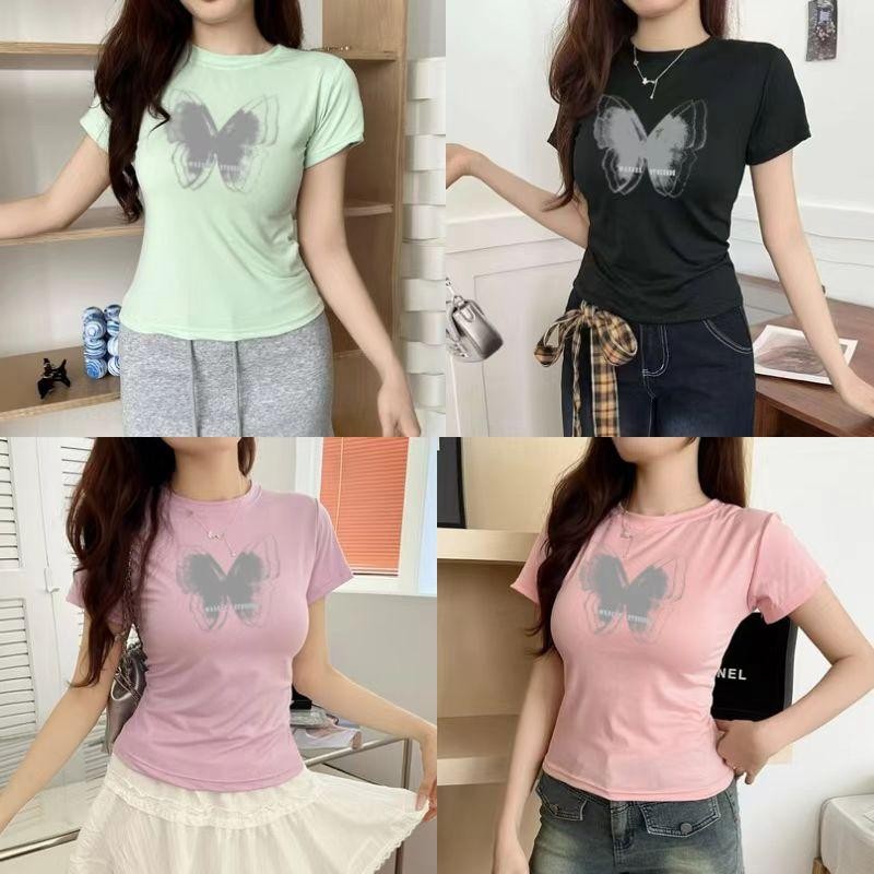G01-11 เสื้อยืดสีดำ แขนสั้นพิมพ์ลายผีเสื้อใหญ่ สุดน่ารัก แนวเกาหลี หลายไซส์ ผ้านิ่มสวมใส่สบาย ใส่ได้ทุกโอกาส ราคาถูก