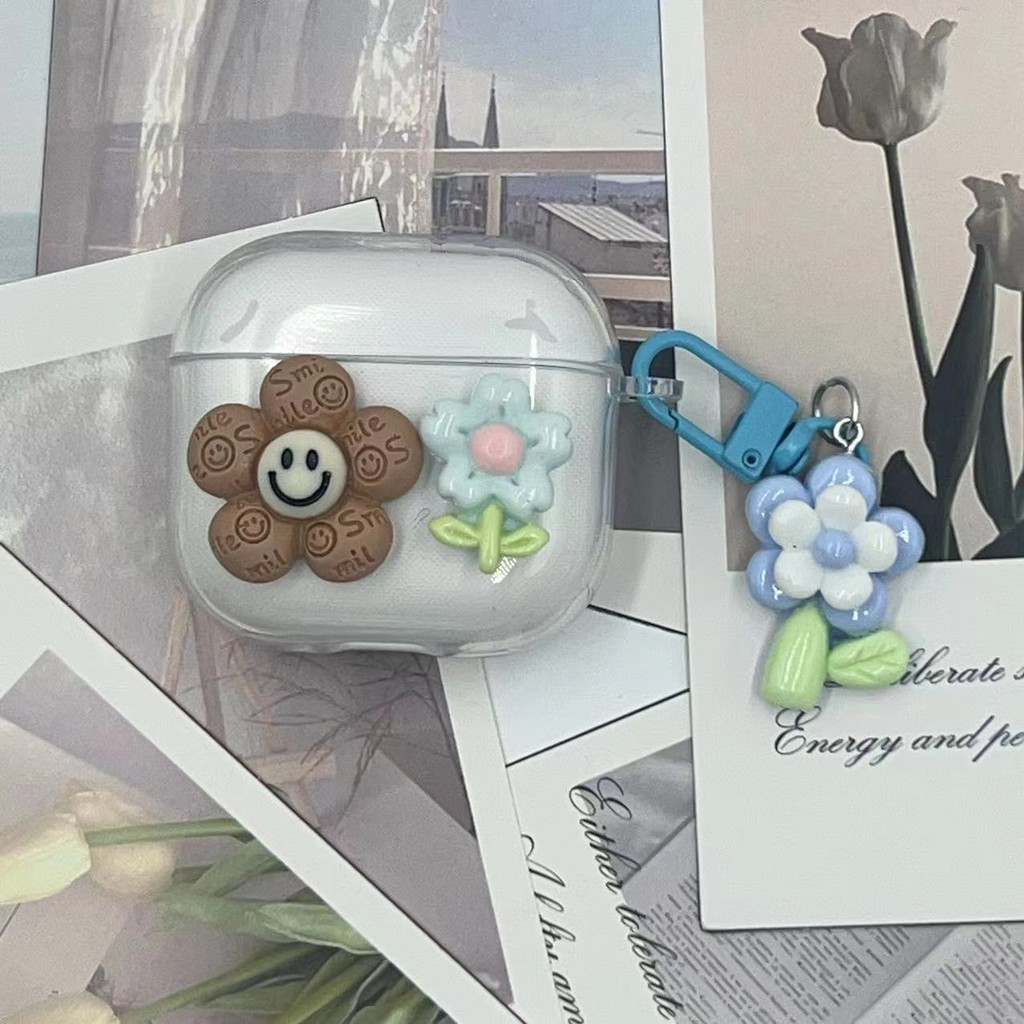 GTC สําหรับ Ugreen Hitune S3 Case เคส เคสหูฟังโปร่งใสยิ้มดอกไม้และจี้