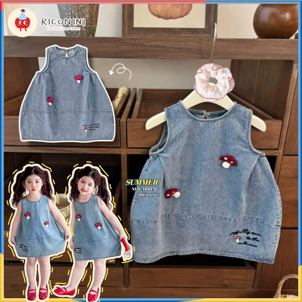 RICONINIBaby Girl Dress - ดีไซน์เห็ดน่ารัก เด็กเกาหลี แฟชั่น 2025 ชุดฤดูร้อน ปัก Denim Bubble Dress