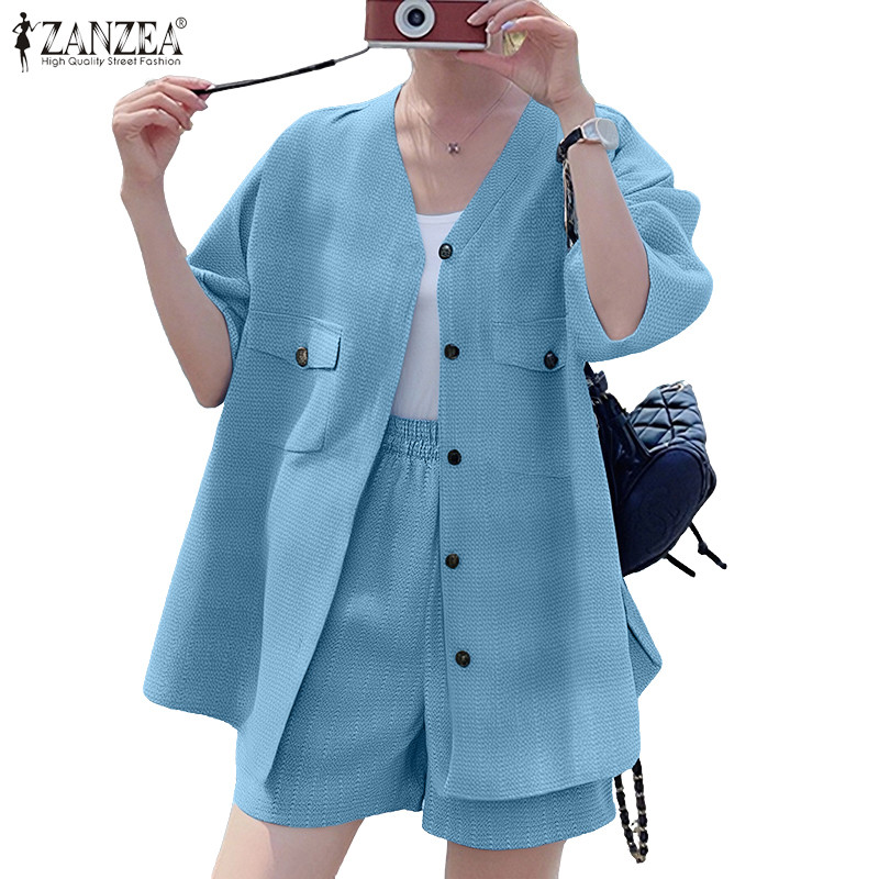ZANZEA ผู้หญิงเกาหลี Commute Chic V คอพัฟแขนปุ่มหลวมชุดลําลองขากว้าง