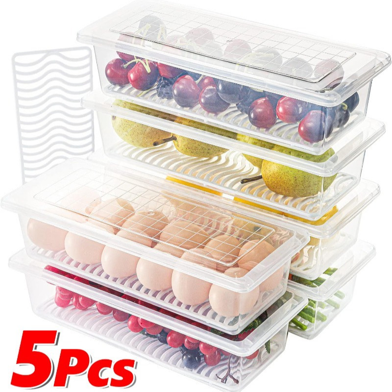 1-5ชิ้นกล่องเก็บอาหารสําหรับตู้เย็น-พลาสติกสดเก็บกล่องที่ถอดออกได้ท่อระบายน้ําและฝาปิด-วางซ้อนกันได้ผลไม้ปลาจัด