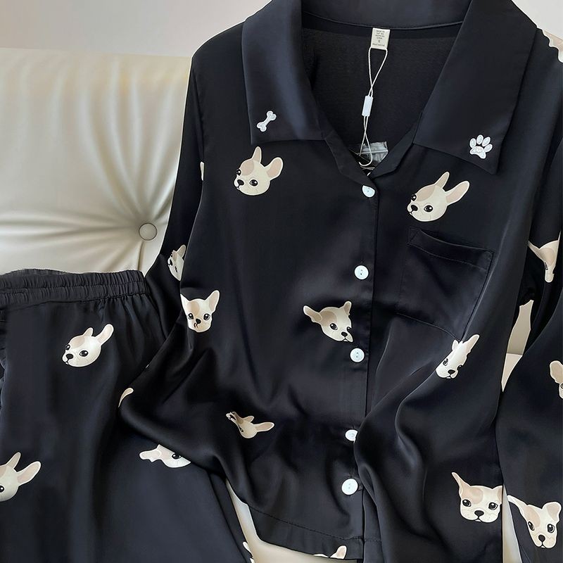 ชุดนอนสำหรับผู้หญิง ปี 2025 CARDIGAN การ์ตูนสไตล์เกาหลี ผ้าไหมเทียม สบายๆ เพื่อสวมใส่ในบ้านและฤดูใบไม้ผลิ/ใบไม้ร่วง