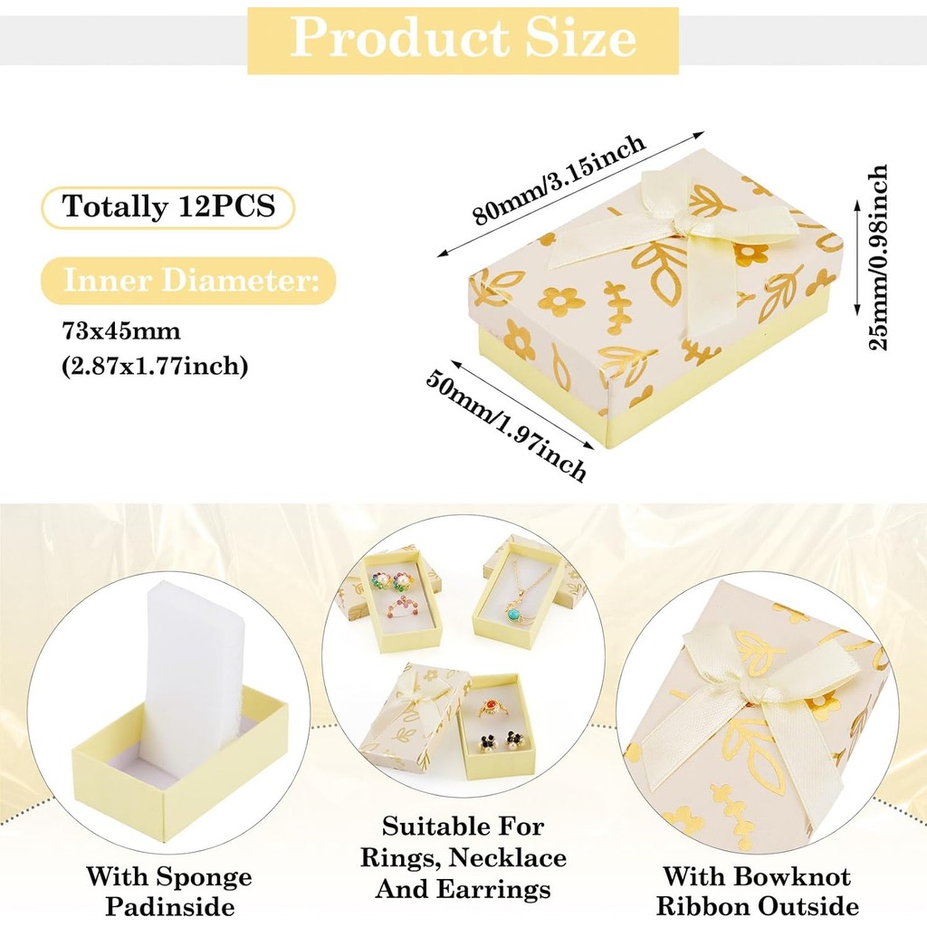 Craftdady 12 ชิ้นสีเหลืองอ่อนกระดาษแข็งกล่องเครื่องประดับพร้อมฝาปิด Bowknot 3.19 x 1.97 นิ้วดอกไม้สี