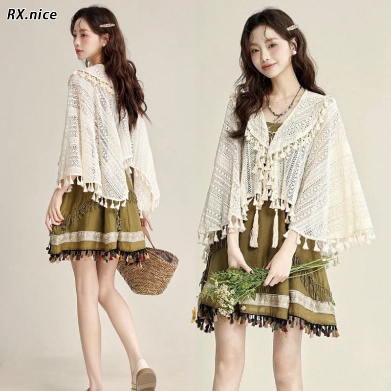 RX.nice Bohemian Hollow Lace Shawl Top หญิงชุดชา Retro ฤดูร้อน Original สไตล์ชาติพันธุ์วันหยุดถักผ้าคลุมไหล่เสื้อคลุมด้านนอก