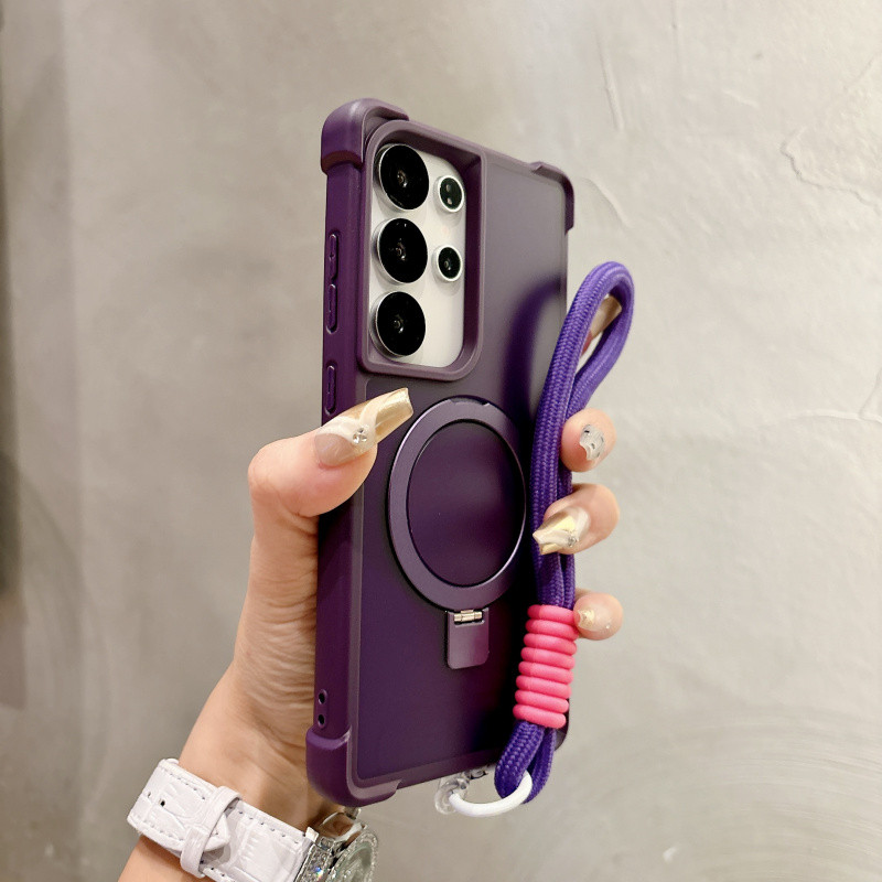 Matte Translucent Magnetic Bracket สายรัดข้อมือ Lanyard สําหรับ Samsung S25 Ultra Plus S24 Ultra Plus S23 Ultra สี่มุมป้องกันการตก Hard Wireless Charge Cover
