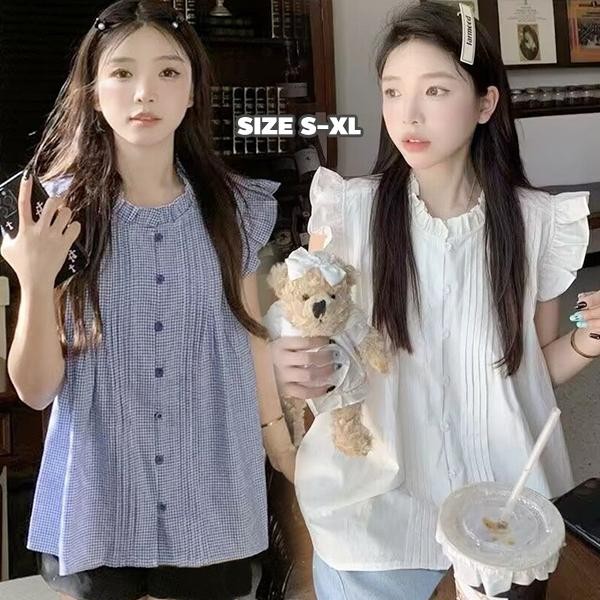 mimi&didi#เสื้อเชิ้ตลายสก็อตสีฟ้าสำหรับผู้หญิง แขนเสื้อทรงตุ๊กตา ทรงหลวมๆ แขนกุด หวานและน่ารัก สำหรับผู้หญิง#W623