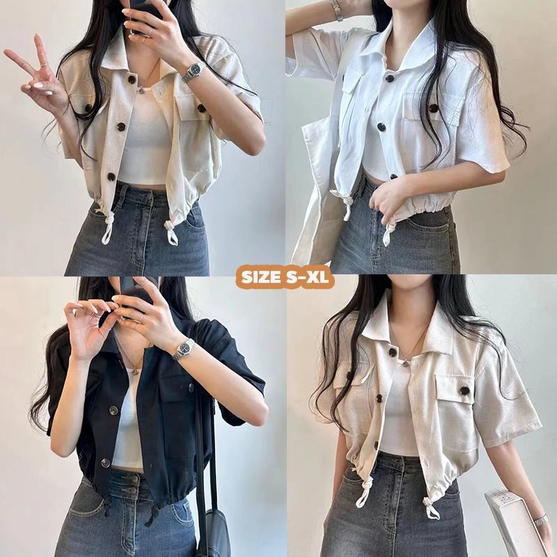 C&T#เสื้อครอปปกดีไซน์มีเชือกผูกเอวแขนสั้น เสื้อเชิ้ทำงานทรงหลวมสไตล์เกาหลีย้อนยุคแฟชั่นลำลอง สำหรับผู้หญิง#W596