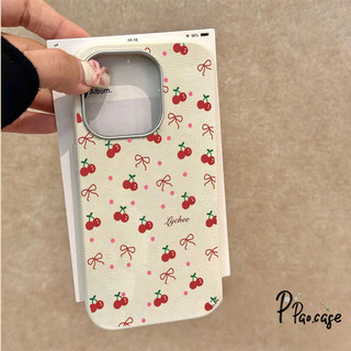 เคสไอโฟน 16 สำหรับ IPhone 11 15 13 16 14 12 Pro Max 15 14 16 6 Plus XR XS X เคสหนังลายโบว์เชอร์รี่สุดน่ารักสีแดงทันสมัย