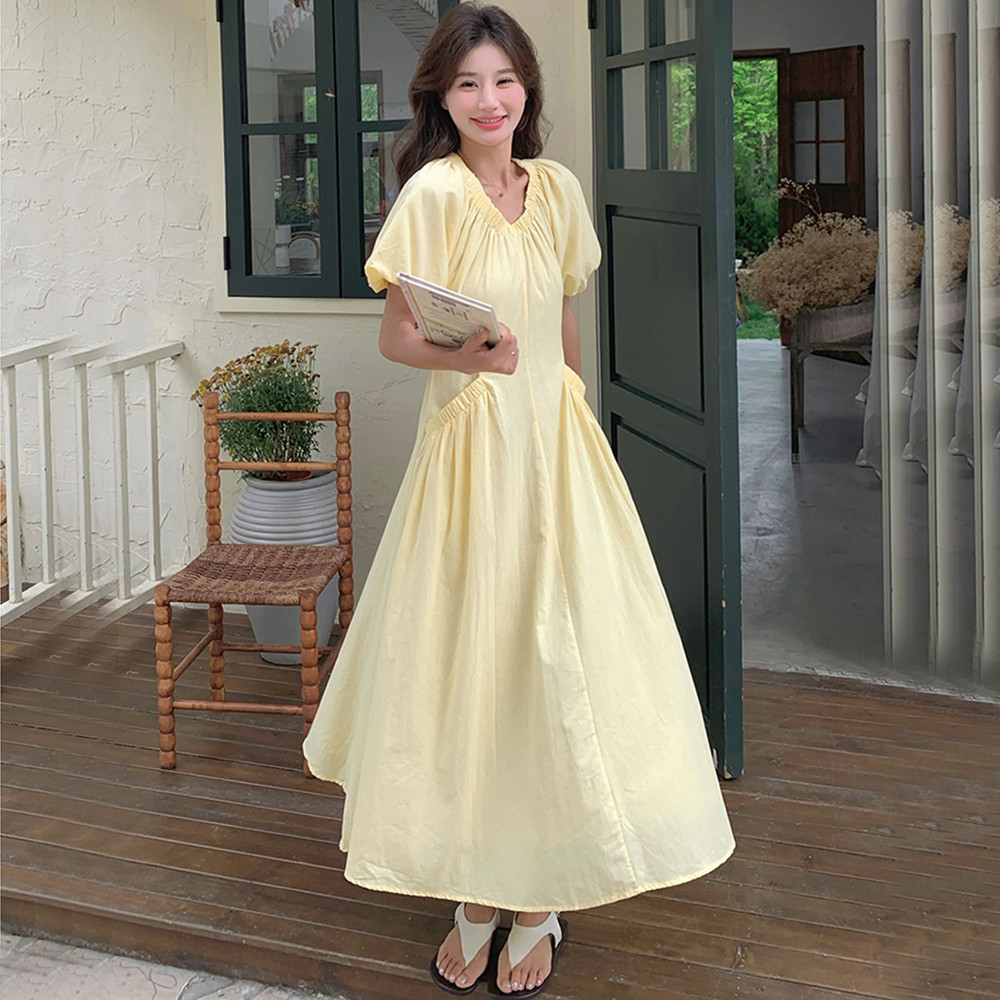 K4477 ฝรั่งเศสสีเหลือง v คอ Tea Break ชุดพัฟแขนจีบเอวสูง Slimmer ดูชุดยาวฤดูร้อนบรรยากาศชุด J3YL