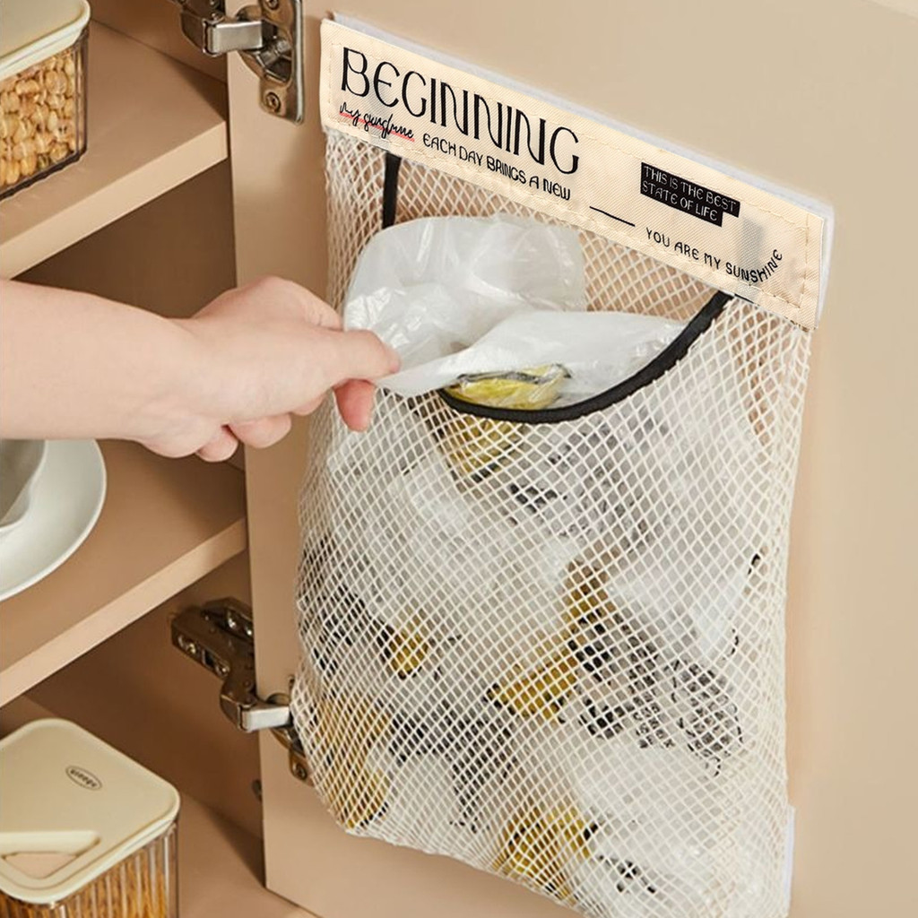 1/2ชิ้นติดผนังถุงขยะในครัวการจัดเก็บถุงตาข่าย-ขนาดใหญ่-ความจุแขวนระบายอากาศกระเป๋าที่มีแถบ ตีนตุ๊กแก