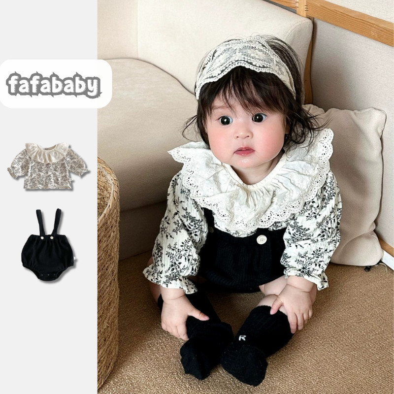 ชุดเด็กเสื้อเชิ้ตแขนยาวลูกไม้ลายดอกไม้กับกางเกงผู้หญิงเสื้อผ้าผู้หญิง 0-24 เดือน