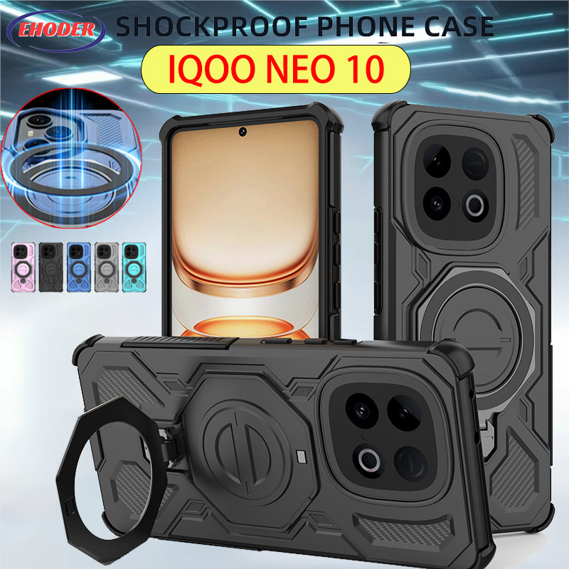 ปลอกสําหรับ iQOO Neo 10 5G 2025 เคสโทรศัพท์กันกระแทกโลหะหมุนได้แม่เหล็กผู้ถือแหวนสําหรับ iQOONeo10 N