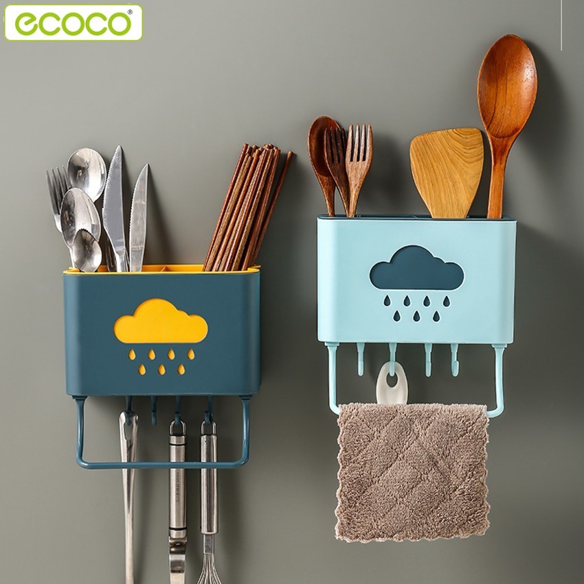 Ecoco ตะกร้าใส่ช้อน ที่ใส่ช้อนติดผนัง ตะกร้าเก็บช้อนส้อม ตะเกียบ ที่เก็บอุปกรณ์อาหาร ที่วางช้อนส้อมมีด
