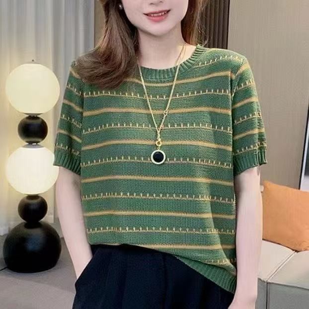 เสื้อถักนิตติ้งผู้หญิง แขนสั้น คอว่าว ทรงหลวมพอดีตัว สำหรับใส่ในทุกวัน