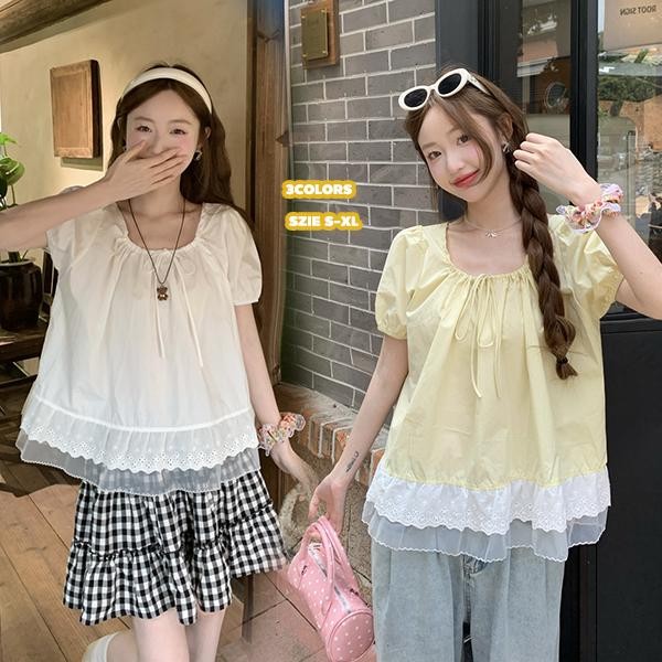 mimi&didi#เสื้อแขนตุ๊กตาแขนสั้นลูกไม้สไตล์เกาหลี ผู้หญิง เสื้อเชิ้ตทรงหลวมไซส์ใหญ่ในช่วงฤดูร้อน หวานและน่ารัก-รุ่นW638