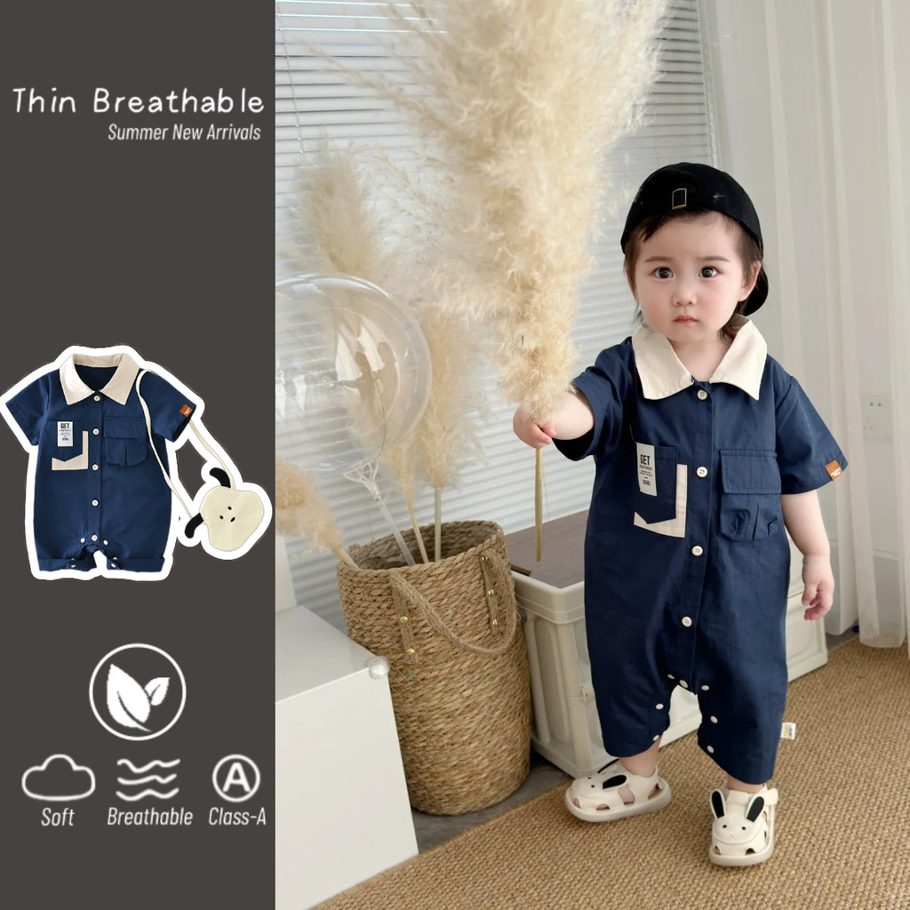 ชุดรอมเปอร์แขนสั้นสำหรับเด็กอายุ 0-24 เดือน สไตล์ต่างประเทศ พร้อมกระเป๋า