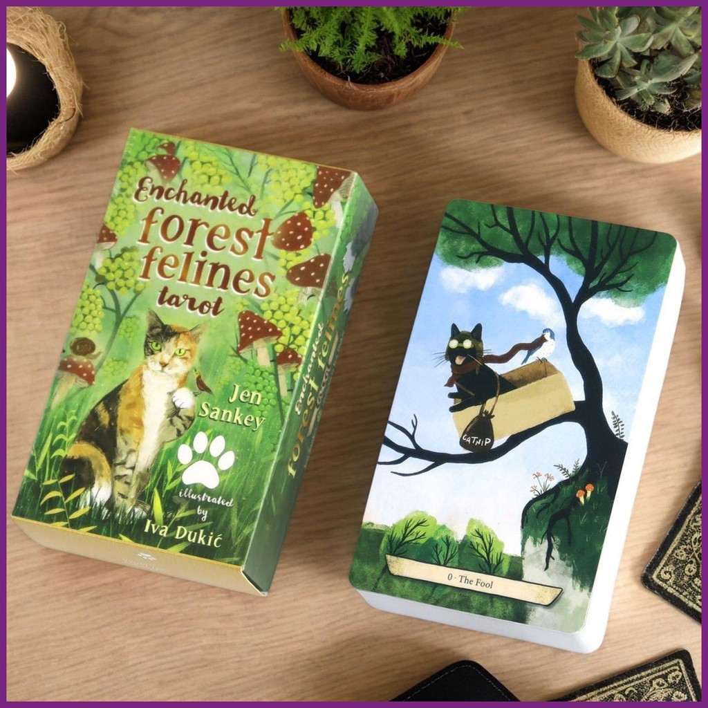 สําหรับ Enchanted Forest Felines Tarot ไพ่ทาโรต์สําหรับผู้เริ่มต้นเกมการ์ดศักดิ์สิทธิ์สําหรับครอบครั