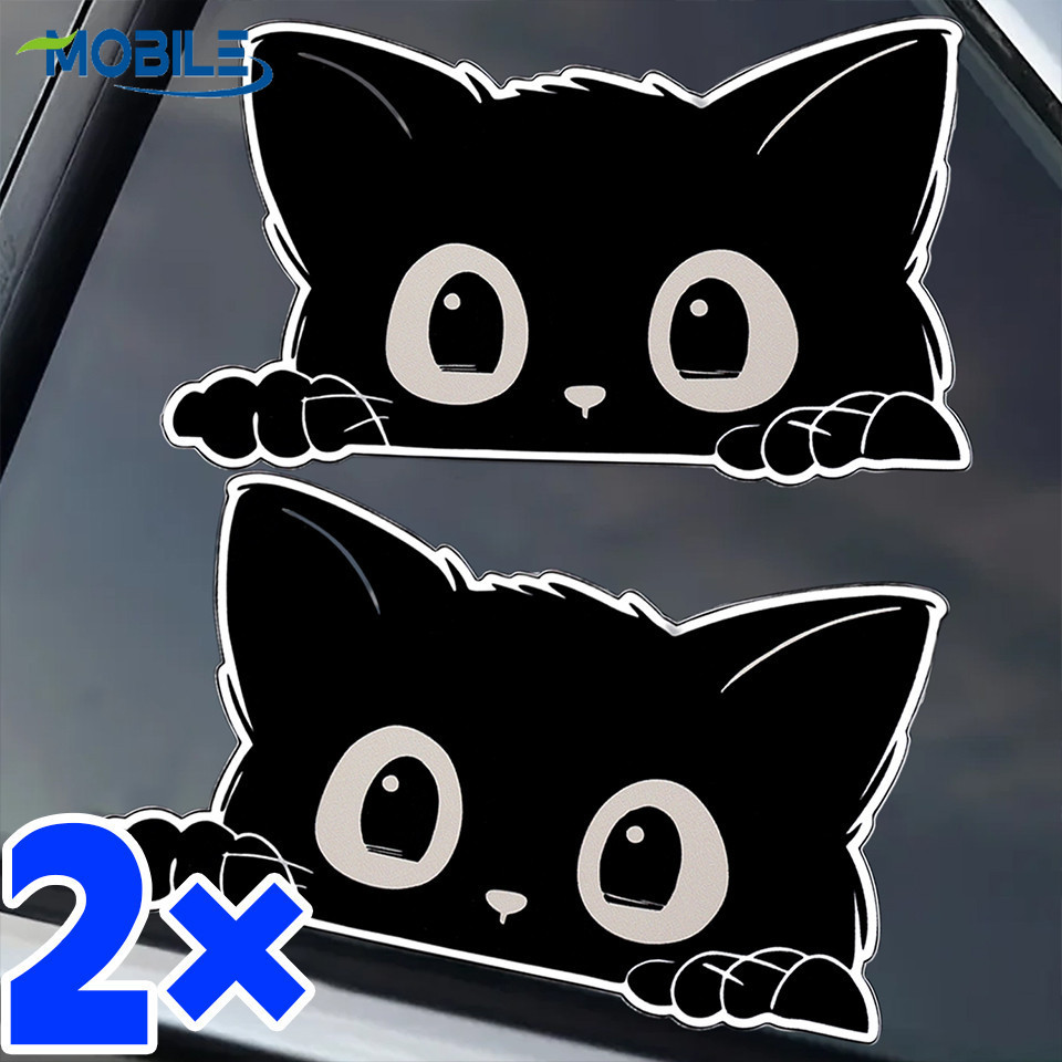 [AUTO&3C]2 ชิ้น - สติ๊กเกอร์ฝาครอบรอยขีดข่วนรถจักรยานยนต์รถยนต์ | รูปลอก PVC กันน้ําออกแบบแมวสีดําน่ารักสําหรับรถยนต์, จักรยานและรถยนต์ไฟฟ้า