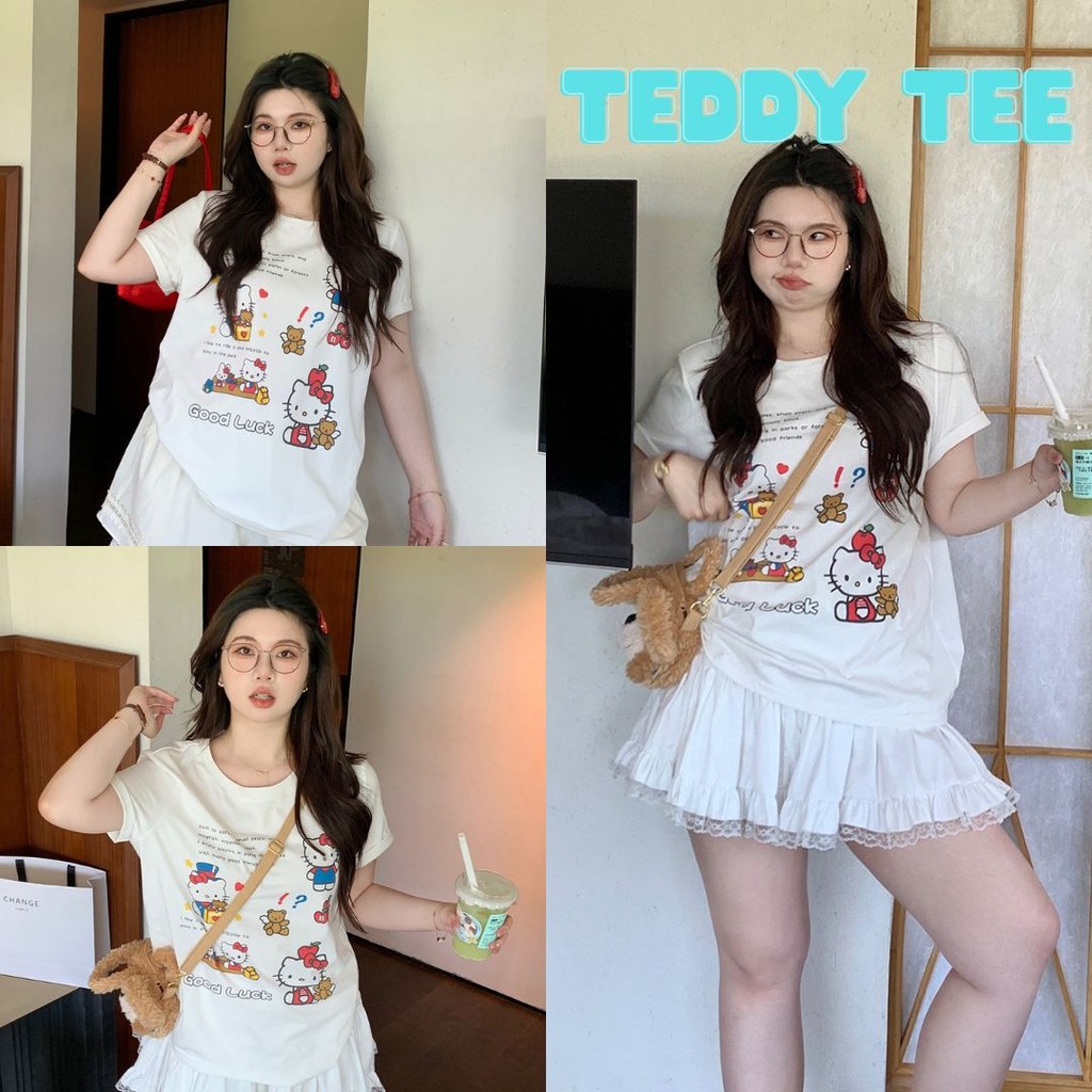 Teddy Tee 😸 ชุดสาวอวบ ผ้าฝ้าย100% สวมใส่สบาย สาวอวบ เสื้อยืด oversize ยืดได้ ลาย "GOOD LUCK KITTY" แฟชั่น สไตล์ลำลอง