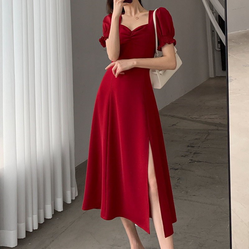 custard summer dress ออกงาน กระโปรงยาว เดรสทํางาน ผู้หญิง ใส่สบาย มีแขน เดรสวินเทจ สบายๆ แฟชั่น คอวี - รูปที่ 7